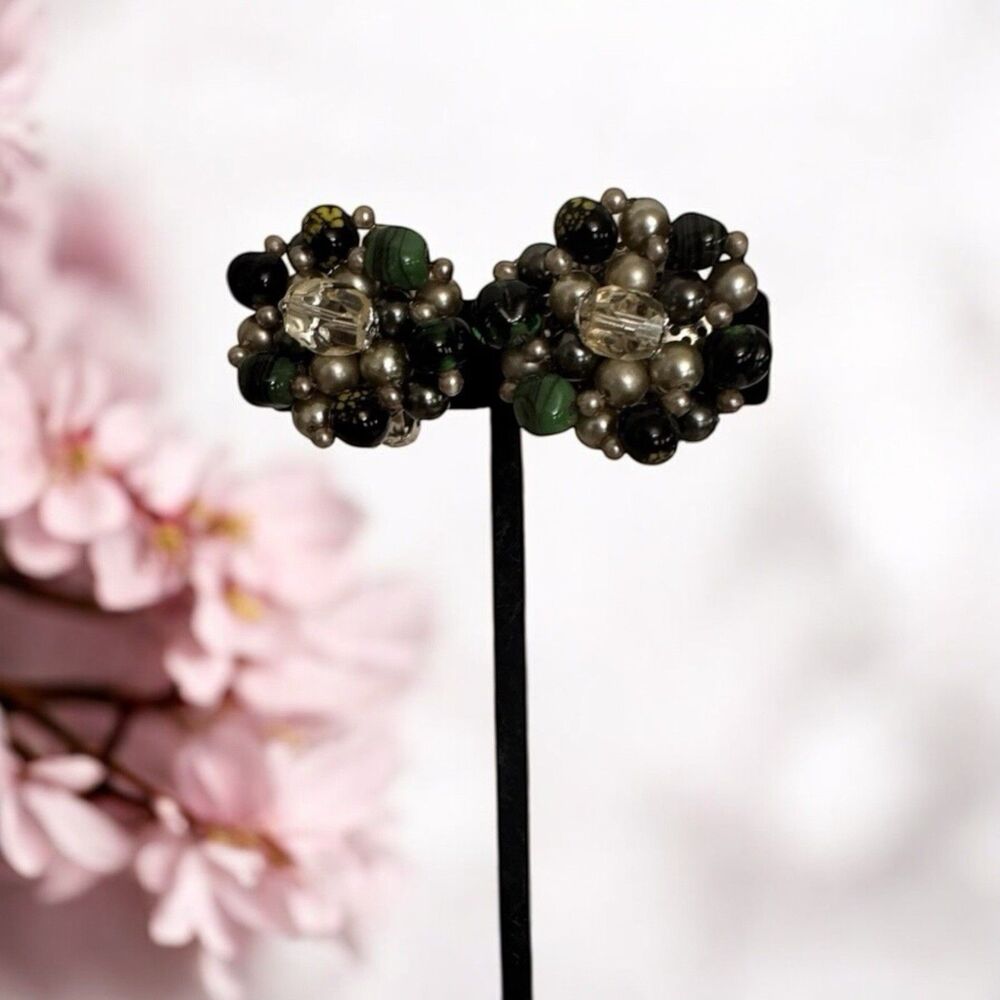Vintage Beaded Clip-On Earrings – Japan – 1" – Black & Green